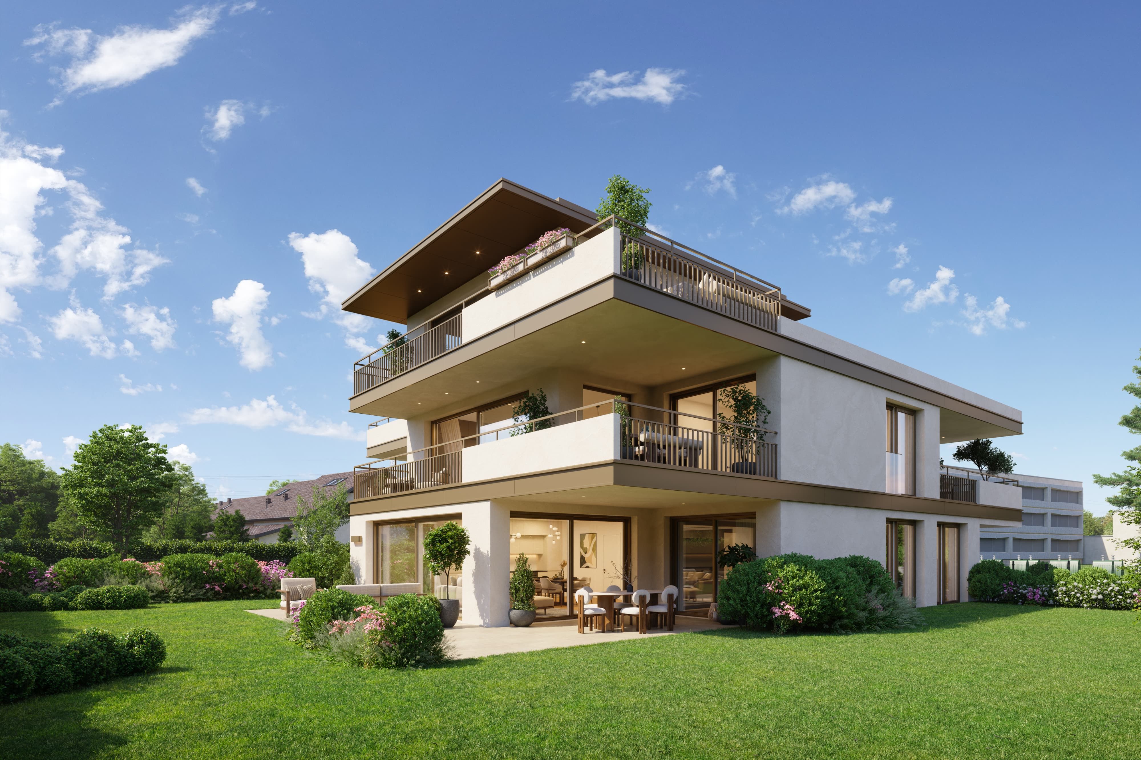 Villas Aurea Lully - vue exterieure du batiment et le parking