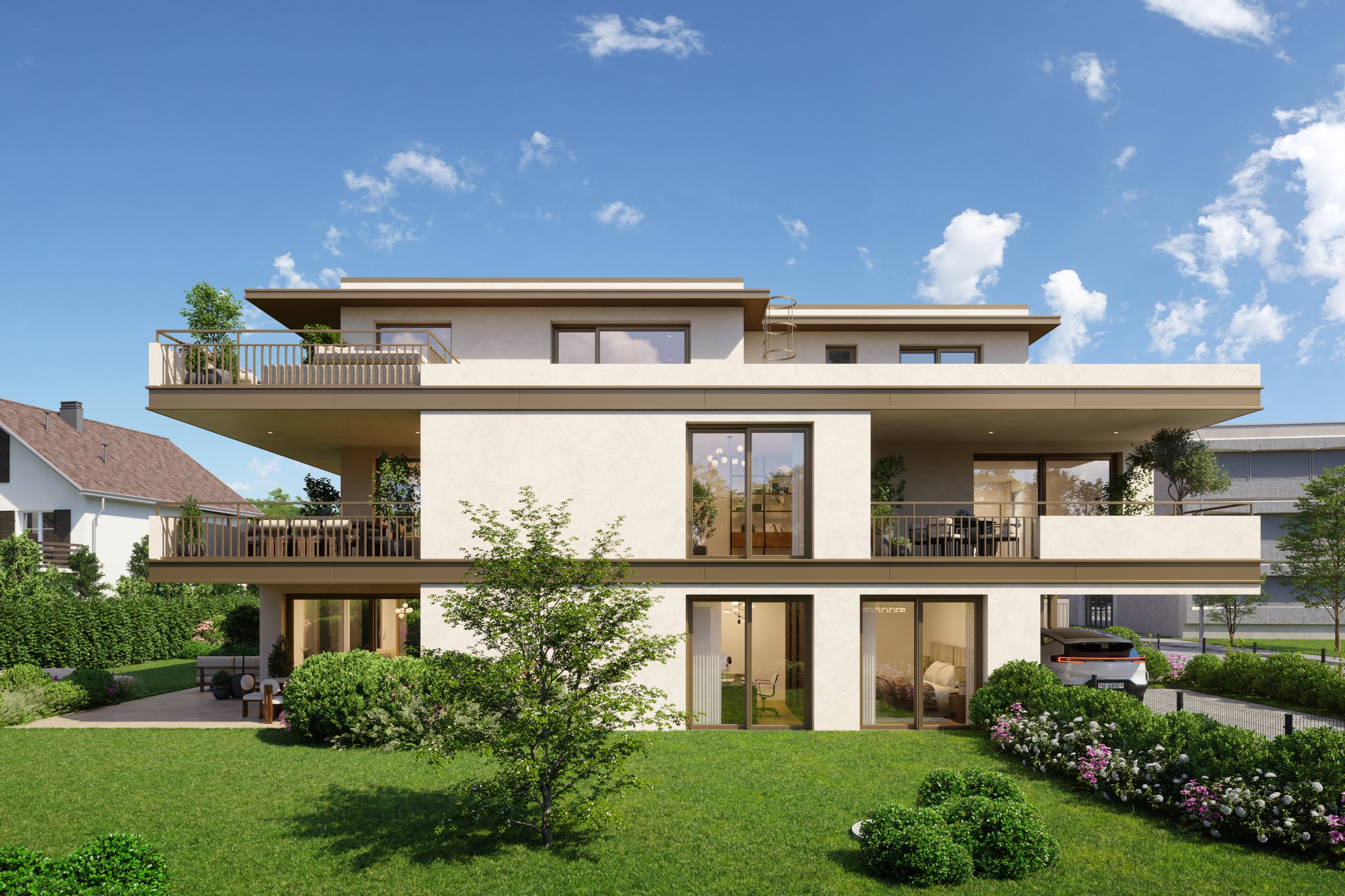 Villas Aurea Lully- vue extérieure avec jardin et terrasse à l'aube